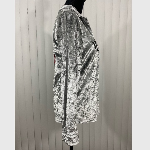 JADED LONDON Crushed Velvet Button Down Shirt Blouse Embroidered Panther Silver - Picture 8 of 14